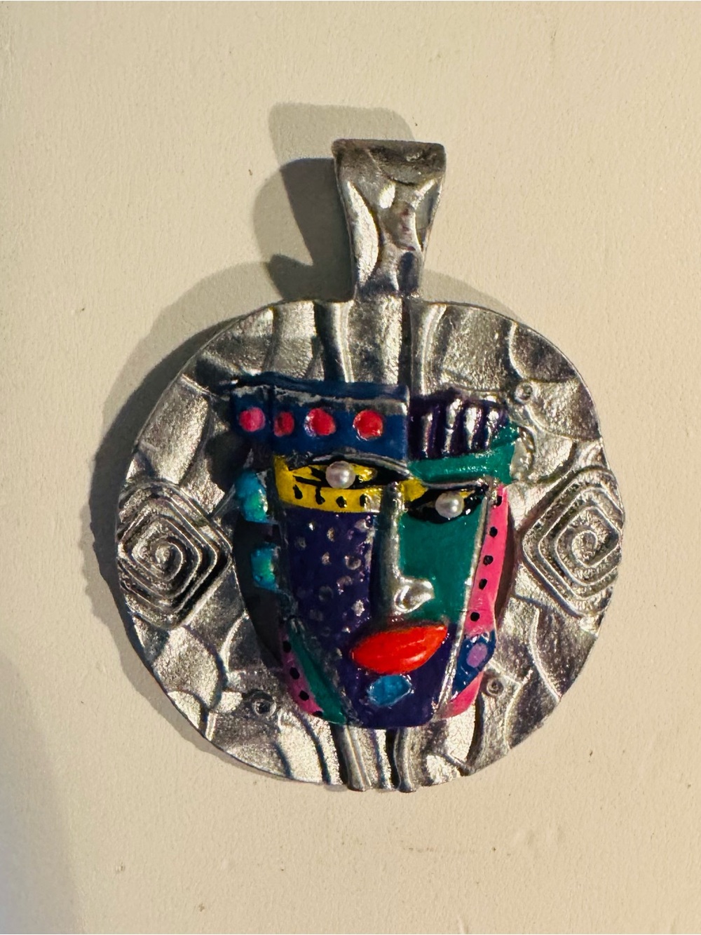 Colorful Abstract Face Pendant - Multicolor Silver Base